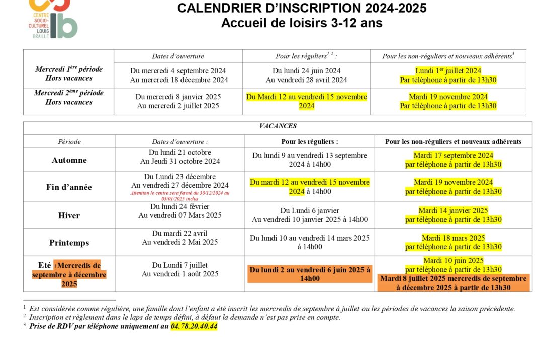 CALENDRIER ACCUEIL DE LOISIRS SAISON 2024-2025