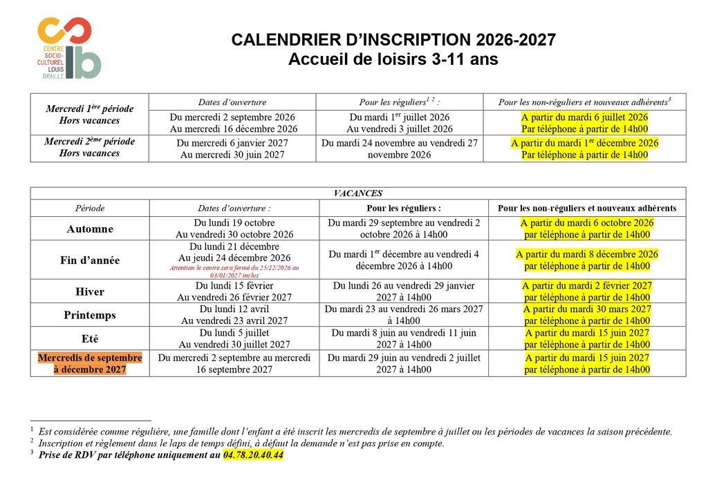 NOUVEAU!
Calendrier d'inscription 2026/2027